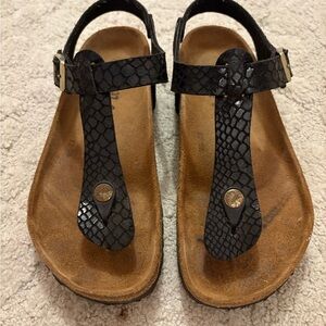 Birkenstock Black Snake-Print T-Strap Sandals